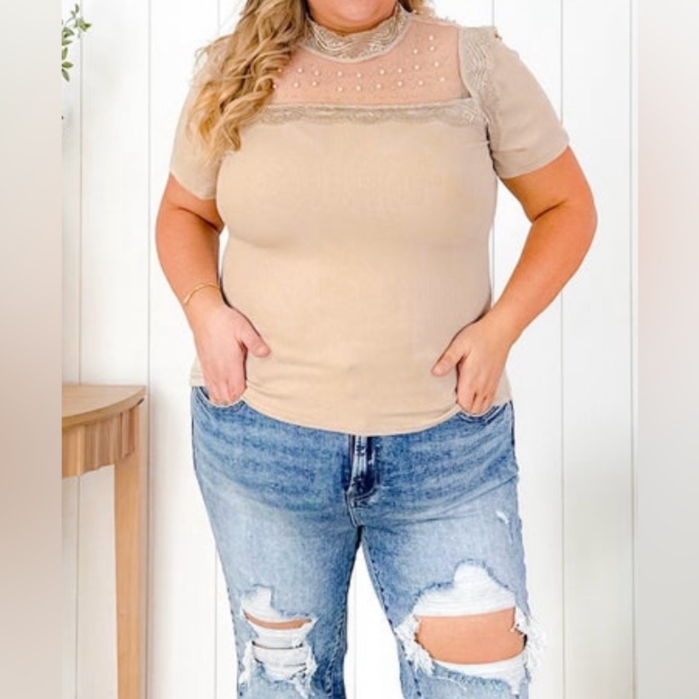 White Birch Short Sleeve Mock Neck Lace Rhinestone Detail Beige